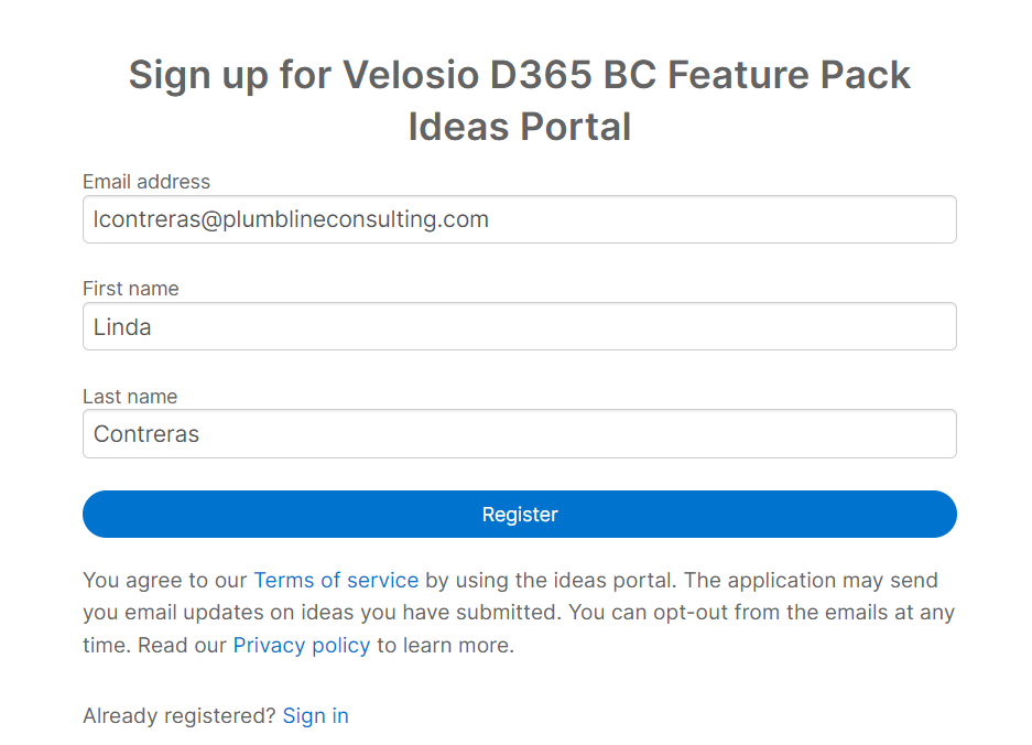 Velosio D365 BC Feature Pack Aha! Ideas Portal