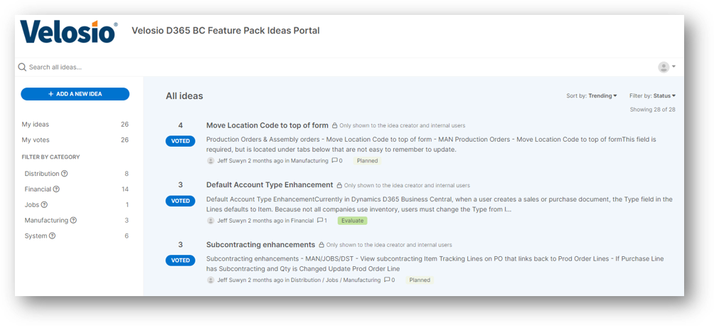 Velosio D365 BC Feature Pack Aha! Ideas Portal
