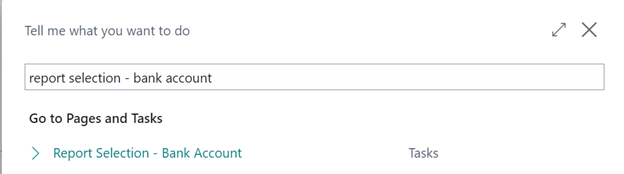 Business Central Search - Report Selections - Bank Account 
