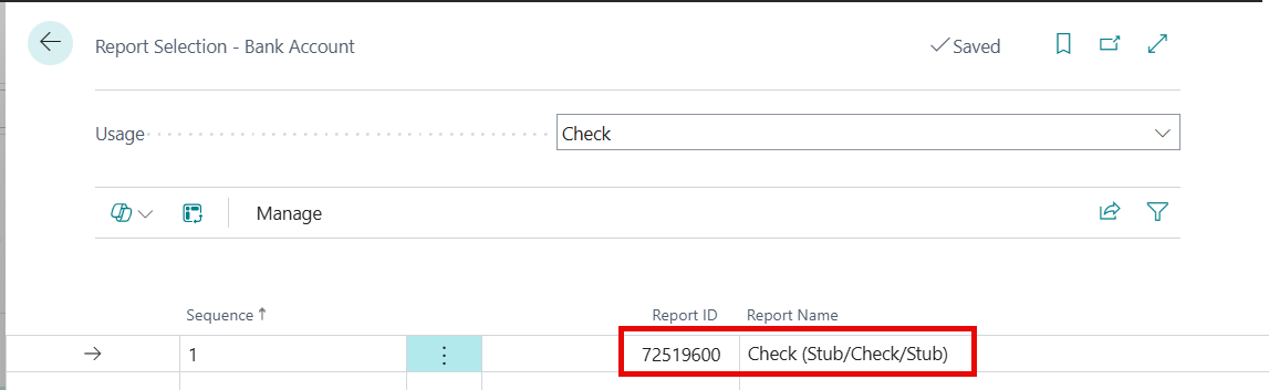 Report Selections - Bank Account page 