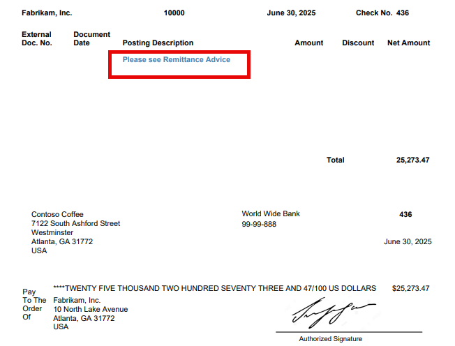 Checks with over 10 documents - prints message: see remittance advice