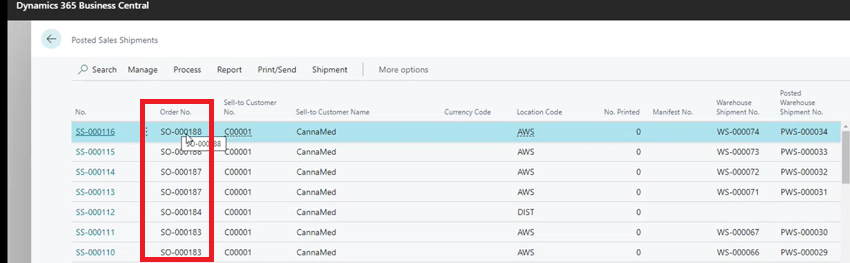 Order No. field - Posted Sales Shipments