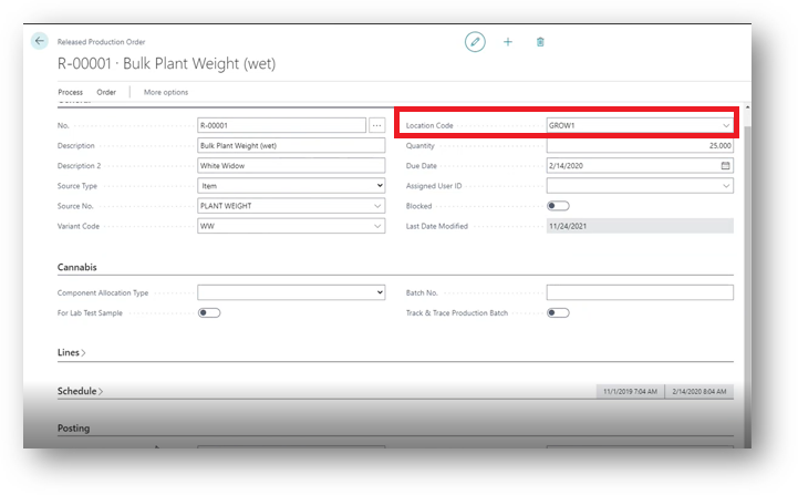 Production Order - Location Code
