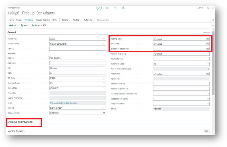Purchase Order Posting Date, Due Date, Expected Receipt Date