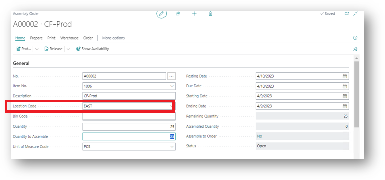 Assembly Order - Location Code
