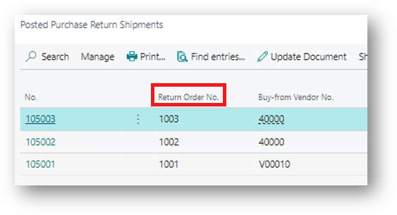 Order No. field - Posted Return Shipments